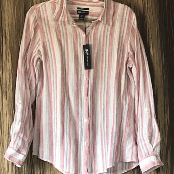 Jones New York Tops - Jones New York NWT Pink & Gray Striped Blouse Sz Large